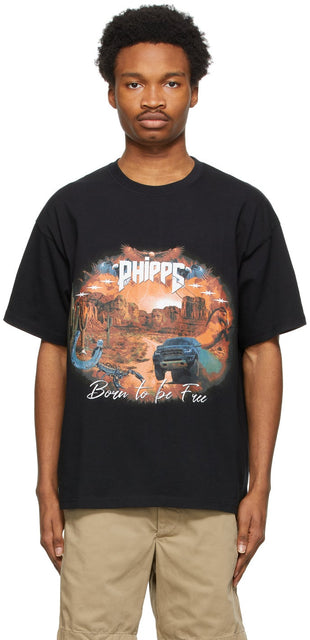 Phipps Black Organic Cotton 'Born To Be Free' T-Shirt - Phipps Noir Coton biologique 'Né pour être GRATUIT' T-shirt - Phipps 블랙 유기농 코튼 '무료로 태어남'티셔츠