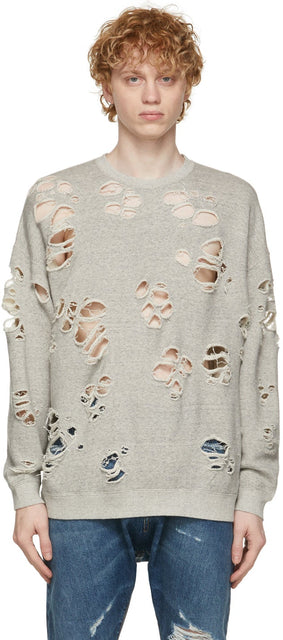R13 Grey Super Distressed Oversized Sweatshirt - Sweat-shirt surdimensionné super mal en détresse R13 - R13 회색 슈퍼 고민 된 대형 스웨터