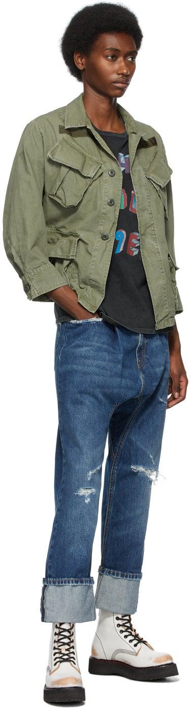 R13 Indigo Pleated Drop Cuffed Jeans