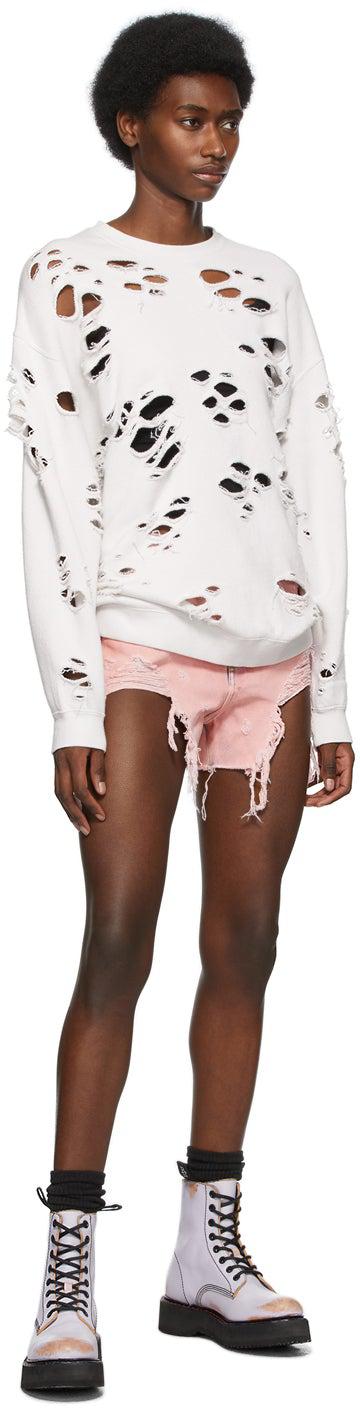 R13 Pink Denim Shredded Slouch Shorts