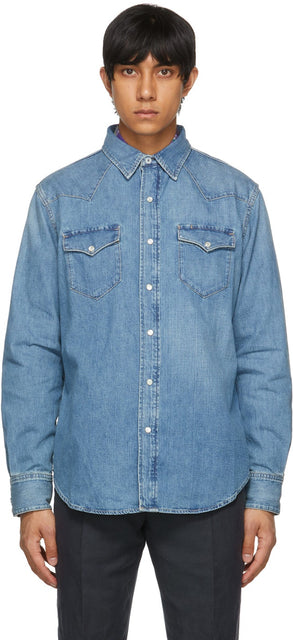 Ralph Lauren Purple Label Blue Denim Western Shirt - Ralph Lauren Label pourpre Bleu Denim Western Shirt - Ralph Lauren 보라색 라벨 블루 데님 서양 셔츠