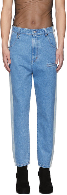Random Identities Blue Straight Leg Mid-Rise Striped Jeans - Identités aléatoires bleue droite jambe droite jeans rayé mi-hauteur - 임의의 정체성 블루 스트레이트 다리 중간 상승 된 스트라이프 청바지