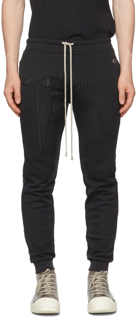 Rick Owens Black Champion Edition Heavy Jersey Perforated Lounge Pants - Rick Owens Noir Champion Edition Heavy Jersey Pantalon de salon perforé - 릭 오웬스 블랙 챔피언 에디션 무거운 저지 천공 라운지 바지