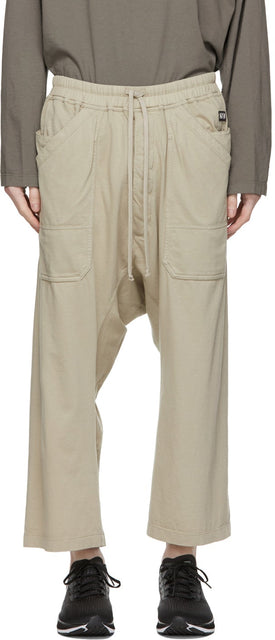 Rick Owens Drkshdw Taupe Cropped Long Drawstring Cargo Pants - Rick Owens Drkshdw Tauupe Crotché Pantalon de cargaison de cordon de serrage long - Rick Owens Drkshdw Taupe는 긴 Drawstring화물 바지를 자른 힙니다