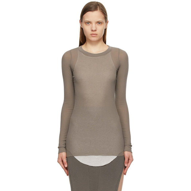 Rick Owens Grey Silk Rib Long Sleeve T-Shirt - T-shirt à manches longues de la côte de soie grise Rick Owens - 릭 오웬스 그레이 실크 리브 긴 소매 티셔츠