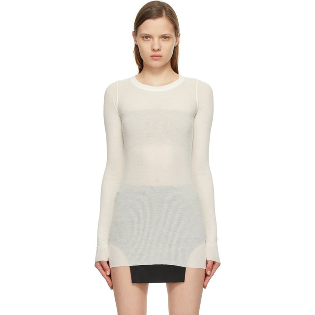 Rick Owens Off-White Silk Rib Long Sleeve T-Shirt - Rick Owens T-shirt à manches longues en soie blanc cassé - 릭 오웬스 오프 화이트 실크 리브 긴 소매 티셔츠