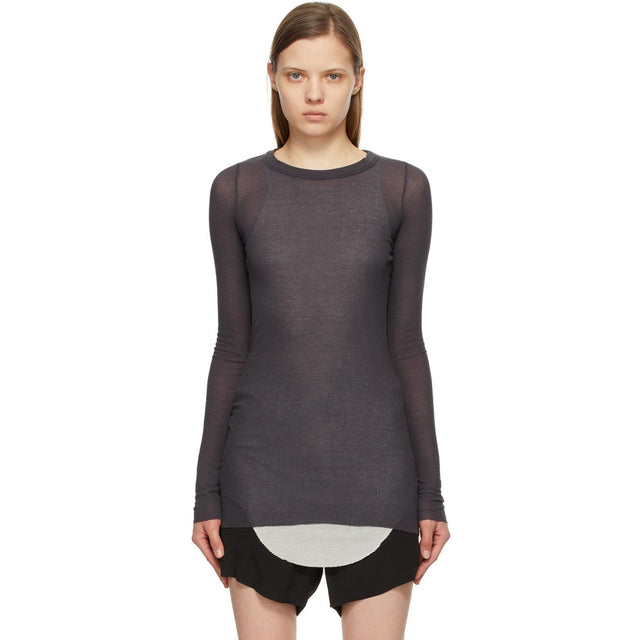 Rick Owens Purple Silk Rib Long Sleeve T-Shirt - Rick Owens T-shirt à manches longues en soie violette - Rick Owens 보라색 실크 리브 긴 소매 티셔츠