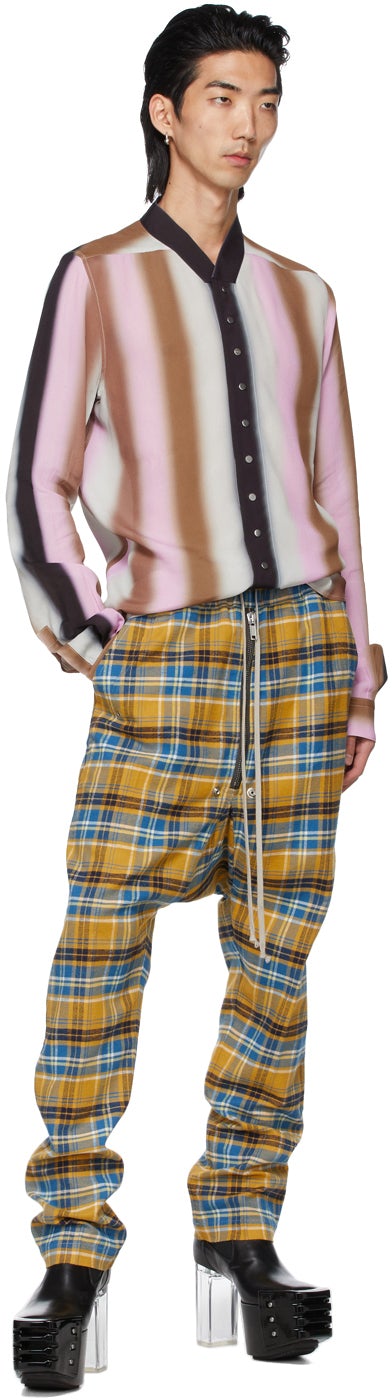 Rick Owens Yellow Plaid Drawstring Long Trousers