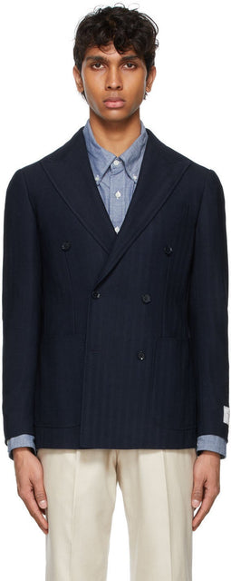 Ring Jacket Navy Wool Herringbone Double-Breasted Blazer - Blazer à double boutonnage en laine marine - 반지 재킷 해군 양모 헤링본 더블 브레스트 블레이저