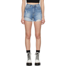 SJYP Blue Denim Layered Sewn Shorts - SJYP Blue Denim Soupe Short cousu - Sjyp Blue Denim Layered Shewn Shews.