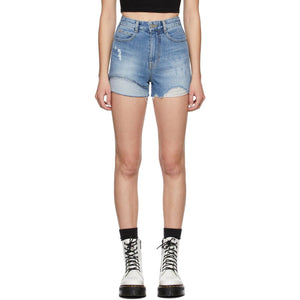 SJYP Blue Denim Layered Sewn Shorts - SJYP Blue Denim Soupe Short cousu - Sjyp Blue Denim Layered Shewn Shews.