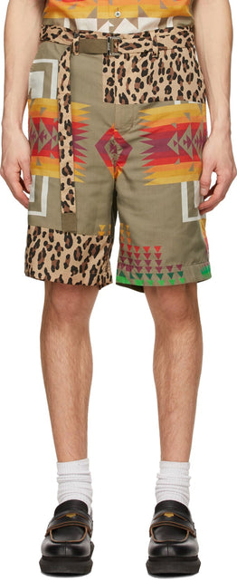 Sacai Khaki Archive Print Mix Shorts - Short de Mélange d'archives Sacai Khaki - Sacai Khaki 아카이브 인쇄 믹스 반바지