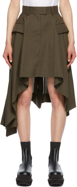 Sacai Khaki Asymmetric Draped Suiting Skirt - Jupe de drapée asymétrique Sacai Kaki - Sacai Khaki Asymmetric Draped Suiting Skirt.