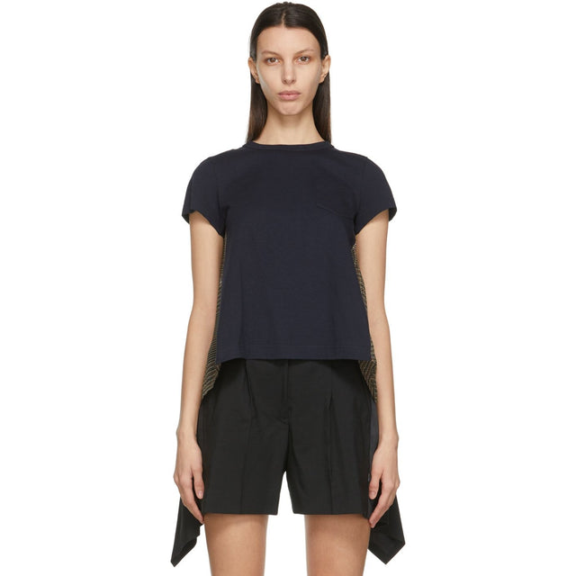 Sacai Navy Glencheck Back T-Shirt - T-shirt arrière Sacai Navy Glencheck - Sacai 해군 glencheck 백 티셔츠