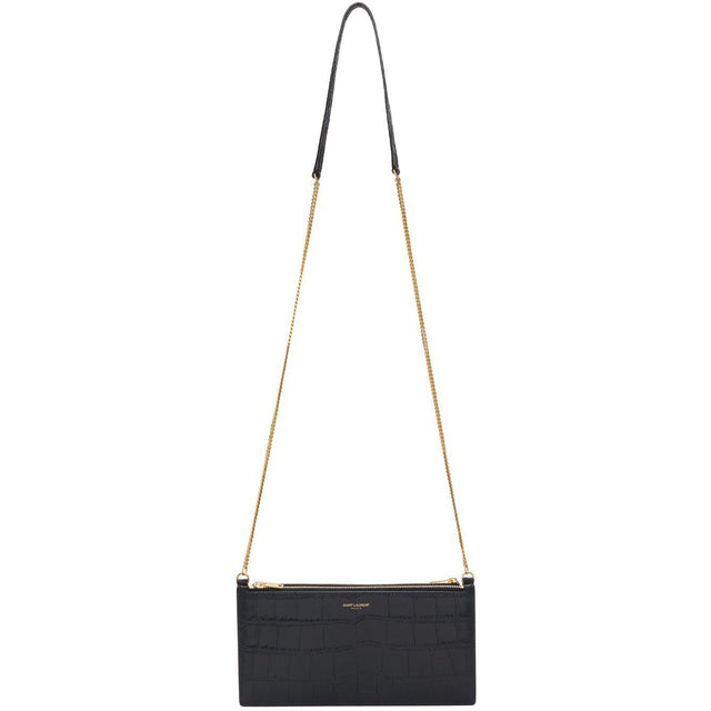 Saint Laurent Black Croc Double Pocket Wallet Bag