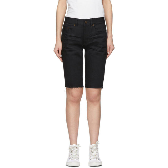 Saint Laurent Black Denim Frayed Bermuda Shorts