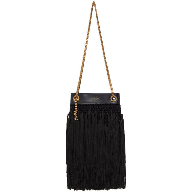 Saint Laurent Black Fringed Small Grace Bag - Sac laurent noir frangé petit sac de grâce - 세인트 로트 블랙 Fringed 작은 그레이스 가방