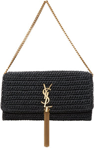 Shop Saint Laurent Kate 99 Chain Bag With Tassel In Raffia