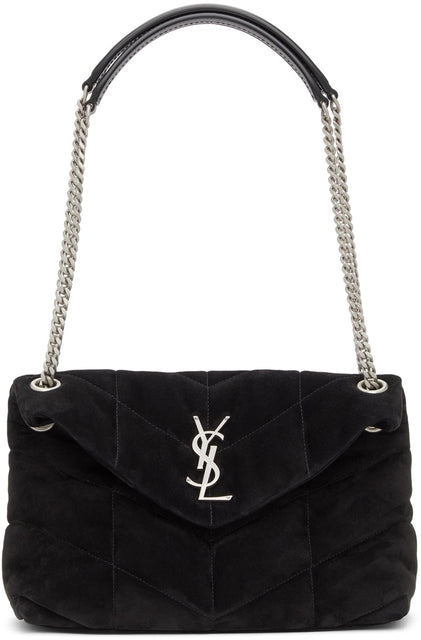 Saint Laurent Black Suede Small Loulou Puffer Bag - Saint Laurent Sue en daim noir petit sac de bouffante Loulou - 세인트 라이 렌트 블랙 스웨이드 소형 Loulou Puffer Bag.