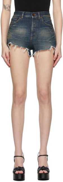 Saint Laurent Blue Denim Raw Edge Shorts - Saint Laurent Denim Bleu Denim Short - 세인트 로랑 블루 데님 원시 가장자리 반바지