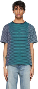 Saint Laurent Blue Tie-Dye Stripe Monogramme T-Shirt - Saint Laurent T-shirt de monogramme à rayures bleu de colorant bleu - 세인트 로렌트 블루 넥타이 - 염료 스트라이프 모노그램 티셔츠