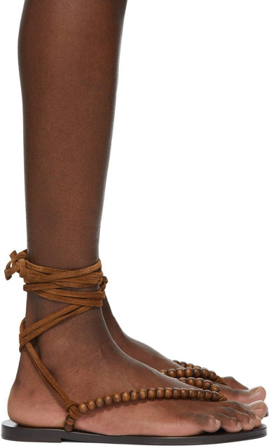 Saint Laurent Brown Beaded Wraparound Gia Flat Sandals - Saint-Laurent Brown Brown Wraparound Gia Sandales plates plates - 생 Laurent 브라우 웨이브 샌들 랩 어라운드 Gia Flat Sandals.