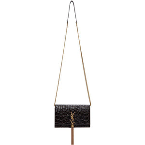 Saint Laurent Brown Croc Kate Tassel Chain Wallet Bag BlackSkinny