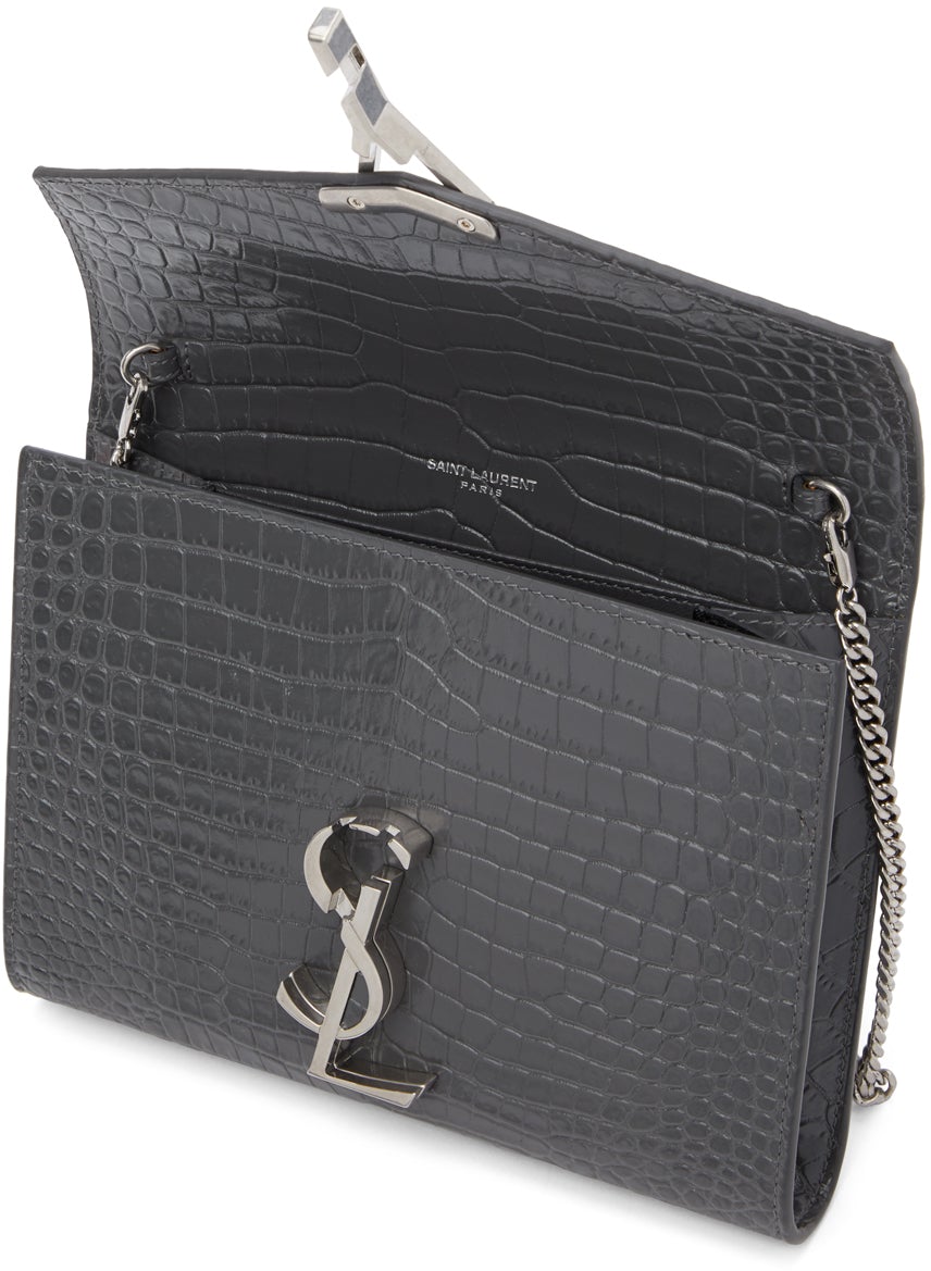 Saint Laurent Grey Croc Cassandra Chain Wallet Bag