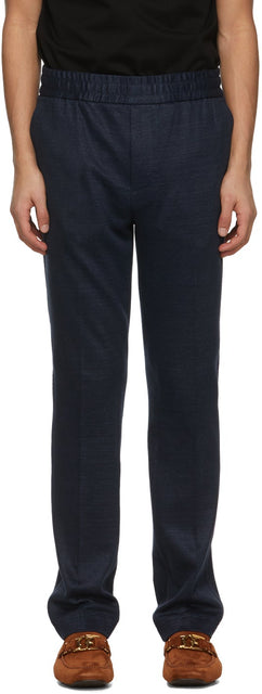 Salvatore Ferragamo Navy Linen Elastic Waist Trousers - SALVATORE FERRAGAMO Pantalon de taille élastique de lin bleu marine - Salvatore Ferragamo 해군 린넨 탄성 허리 바지