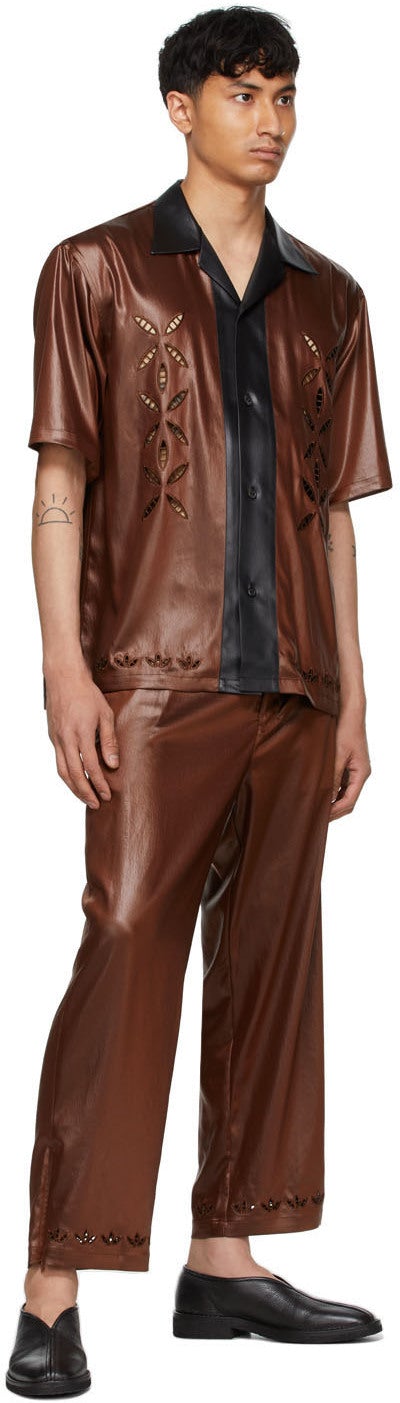 Sasquatchfabrix. Brown Faux-Leather Embroidered Short Sleeve Shirt