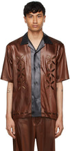 Sasquatchfabrix. Brown Faux-Leather Embroidered Short Sleeve Shirt - Sasquatchfabrix. Chemise à manches courtes brodées en similicuir brun en cuir - sasquatchfabrix. 갈색 가짜 가죽 수 놓은 짧은 소매 셔츠