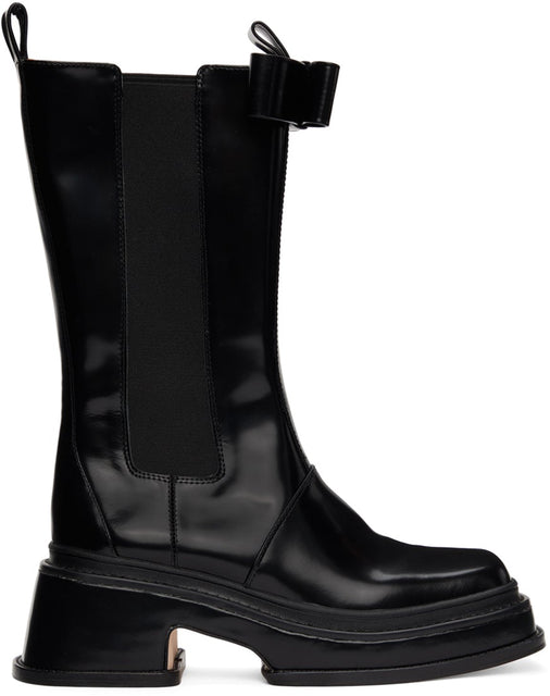 Shushu/Tong Black Leather Bow Mid Calf Boots - Bottes de veau à mi-veau en cuir noir shushu / tong - Shushu / Tong 블랙 가죽 활 중급 송아지 부츠