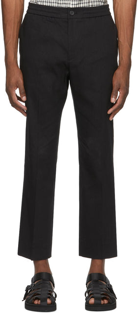 Solid Homme Black Linen Elastic Waist Tapered Trousers - Solide Homme Pantalon conique à taille élastique - 솔리드 옴므 블랙 리넨 탄성 허리 테이퍼 바지