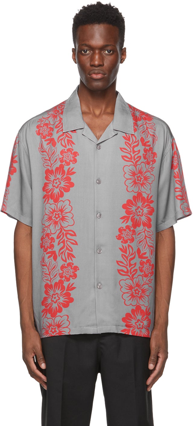 StÃ¼ssy Grey Floral Pattern Shirt - Chemise à motif floral gris de stã¼ssy - stôssy 회색 꽃 무늬 셔츠입니다