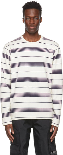 StÃ¼ssy White Stripe Asher Long Sleeve T-Shirt - T-shirt à manches longues à rayures blanches de stã¼ssy - Strãńssy 화이트 스트라이프 Asher 긴 소매 티셔츠