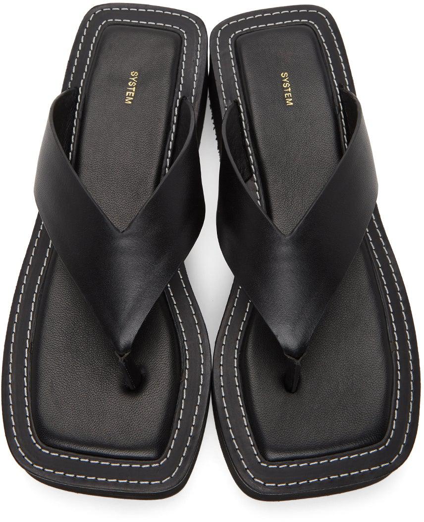 System Black Leather Flat Sandals