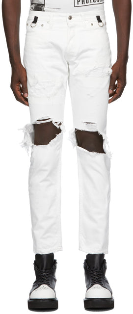 TAKAHIROMIYASHITA TheSoloist. White Grunge Jeans - Takahiromiyashita thesolois. Jeans de grunge blanc - Thesoloist 타카 하이로미 야시타. 흰색 그런 지 청바지입니다