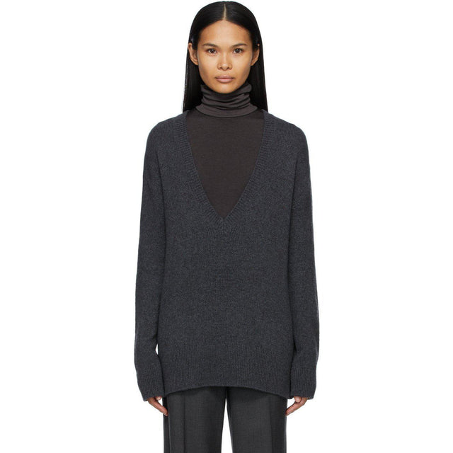 The Row Grey Cashmere Baudelia V-Neck Sweater