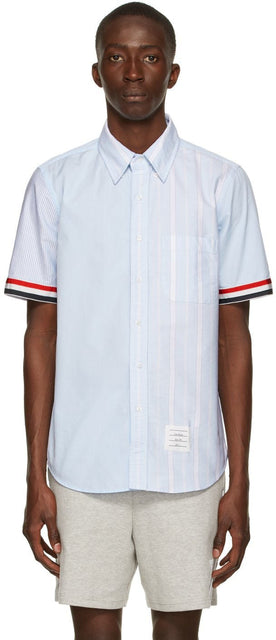 Thom Browne Blue Grosgrain Cuff Funmix Short Sleeve Shirt - THOM BROWNE BROWNE BROSGRAIN Cuff Funmix Chemise à manches courtes - Thom Browne Blue Grosgrain Cuff Funmix 짧은 소매 셔츠