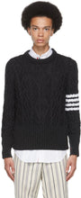 Thom Browne Grey Aran Cable 4-Bar Crewneck Sweater - Thom Browne Grey Cable Aran Pull Crewneck 4 bar - Thom Browne Gray Aran 케이블 4 바 크루 넥 스웨터