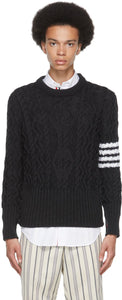 Thom Browne Grey Aran Cable 4-Bar Crewneck Sweater - Thom Browne Grey Cable Aran Pull Crewneck 4 bar - Thom Browne Gray Aran 케이블 4 바 크루 넥 스웨터