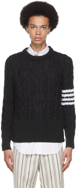 Thom Browne Grey Aran Cable 4-Bar Crewneck Sweater - Thom Browne Grey Cable Aran Pull Crewneck 4 bar - Thom Browne Gray Aran 케이블 4 바 크루 넥 스웨터