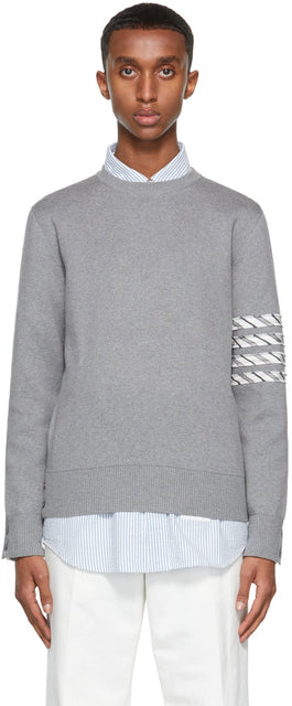 Thom Browne Grey Milano 4-Bar Stripe Crewneck Sweater - Thom Browne Grey Milano Stripe Crewneck Pull - Thom Browne Grey Milano 4 바 - 바 스트 라이프 크갱이 스웨터
