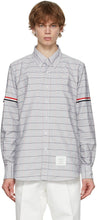 Thom Browne Grey Oxford Check Grosgrain Armband Shirt - Thom Browne Grey Oxford Vérifiez la chemise de brassard Grosgrain - Thom Browne Gray 옥스포드 Grosgrain Armband Shirt.