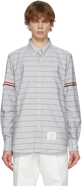 Thom Browne Grey Oxford Check Grosgrain Armband Shirt - Thom Browne Grey Oxford Vérifiez la chemise de brassard Grosgrain - Thom Browne Gray 옥스포드 Grosgrain Armband Shirt.