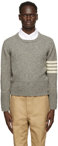 Thom Browne Grey Shetland 4-Bar Crewneck Sweater - Thom Browne Browne Grey Swewneck Pull de Crewneck 4 bar - Thom Browne Gray Shetland 4-Bar Crewneck 스웨터