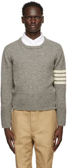 Thom Browne Grey Shetland 4-Bar Crewneck Sweater - Thom Browne Browne Grey Swewneck Pull de Crewneck 4 bar - Thom Browne Gray Shetland 4-Bar Crewneck 스웨터