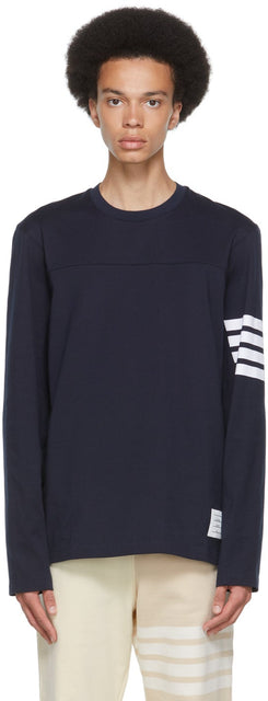 Thom Browne Navy Cotton 4-Bar Long Sleeve T-Shirt - T-shirt à manches longues à 4 barres de Thom Browne Navy - Thom Browne Navy Cotton 4-Bar 긴 소매 티셔츠