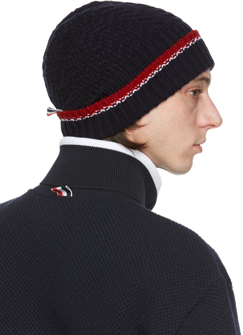 Thom Browne Navy Fine Merino Collaged Links RWB Beanie