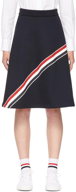 Thom Browne Navy Loopback Diagonal Stripe Skirt - Jupe à rayures diagonales de boucles marine de Thom Browne Navy - Thom Browne 해군 루프백 대각선 스트라이프 스커트
